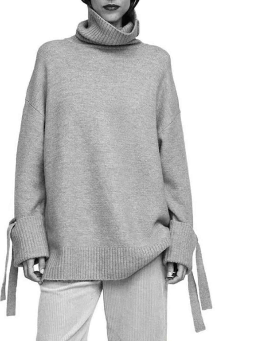 ZARA Knit Women's Size Medium Grey Turtleneck Long Cuff Tie Sleeve Tunic Sweater